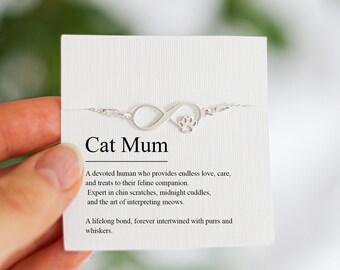 Cat Mum Bracelet, Cat Mum Gifts, Cat Paw Print, Birthday Gift For Cat Lover, Christmas Gift, Sterling Silver, Cat Mum Definition Card