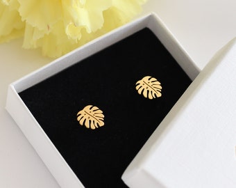 Gold Monstera Leaf Silver Studs | Monstera Leaf Earrings Gift | Bridal Gold Jewellery | Tropical Flower Studs | Monstera Lover Jewels