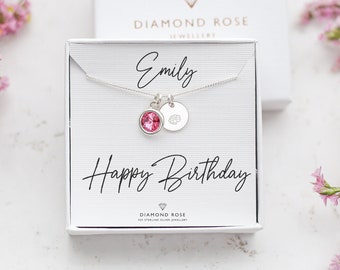 Personalised Birthday Gift, Custom Necklace For Women, Birthstone Birth Flower Necklace, Sterling Silver