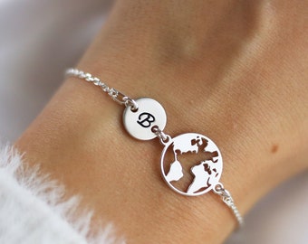 Map Bracelet, Travel Bracelet, Custom World Map Jewelry, Sterling Silver, Initial Bracelet, World Map Jewelry, Birthday Gift, Gift For Women