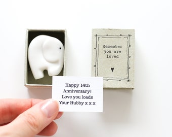 14e huwelijksverjaardag cadeau, olifant cadeau, ivoor jaar jubileum cadeau, porselein olifant matchbox cadeau, cadeau voor man, vrouw, hem
