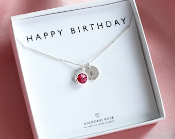 Swarovski Birthstone Initial & Date Necklace | Birthday Gift Jewelry | Gift For Her | Crystal | Personalised Monogram Gift | Sterling Silver