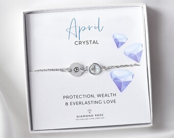 April Crystal Birthday Bracelet, Birthstone & Initial Bracelet, Personalised April Gift, Gemstone Gift For Her, Sterling Silver, Aries Gift