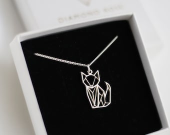Origami Cat Necklace, Fox Necklace, Cat Lover Gift, Geometric Cat Pendant, Animal Lover, Gift For Her, Origami Fox, Geometric Animal, Kitten