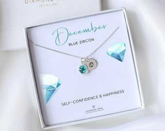 December Birthstone Necklace, Blue Zircon Initial Necklace, Sagittarius Birthstone, December Birthday, Gift For Her, Personalised Gift