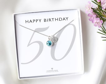 50th Birthday Gift, 50th Initial & Birthstone Necklace, Personalised 50th Birthday Women Gift, Sterling Silver,50th Custom Gift Idea For Her