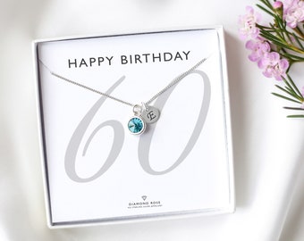 60th Birthday Gift, 60th Initial & Birthstone Necklace, Personalised 60th Birthday Women Gift, Sterling Silver,60th Custom Gift Idea For Her