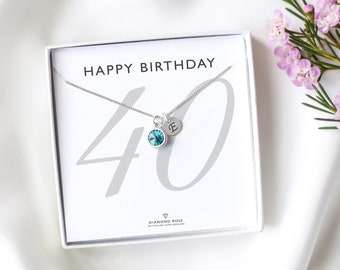 40th Birthday Gift, 40th Initial & Birthstone Necklace, Personalised 40th Birthday Women Gift, Sterling Silver,40th Custom Gift Idea For Her