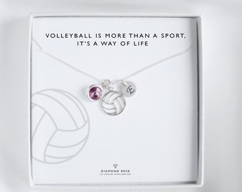 Volleyball Necklace, Volleyball Fan Gift, V-Ball Charm, Initial Birthstone Jewelry, Volleyball Gift, Sterling Silver, Christmas Sport Gifts