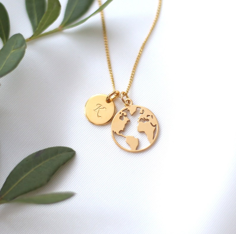 Custom Map Necklace, Travel Necklace, 24k Gold Plated, Hand Stamped Initial, Travel Jewelry, World Globe Gift, Adventure, Leaving Necklace image 4