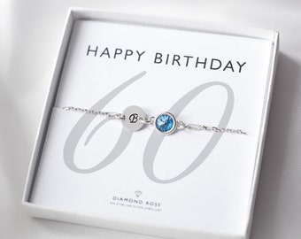 60th Birthday Bracelet, 60th Birthday Gift, 60th Initial & Birthstone Bracelet, Sterling Silver, Custom Letter Gift, 60, Sixty Gift For Her