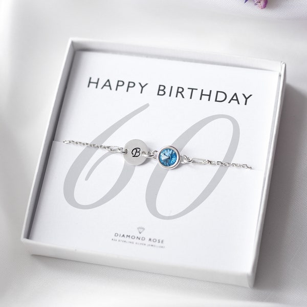 60th Birthday Bracelet, 60th Birthday Gift, 60th Initial & Birthstone Bracelet, Sterling Silver, Custom Letter Gift, 60, Sixty Gift For Her