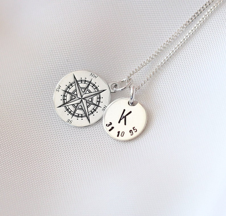 Initial & Date Compass Rose Necklace Graduation Gift, Silver Nautical Compass, Travel Gift For Her, Journey Gift,Rose Of The Winds,Polaris image 8