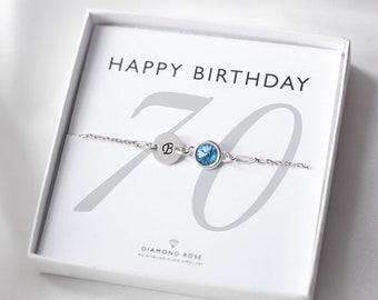 70th Birthday Bracelet, 70th Birthday Gift, 70th Initial & Birthstone Bracelet, Sterling Silver, Custom Letter Gift,70, Seventy Gift For Her