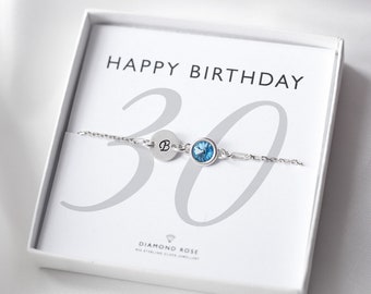 30th Birthday Bracelet, 30th Initial & Birthstone Bracelet, 30th Birthday Gift, Sterling Silver, Custom Letter Gift, 30, Thirty Idea For Her