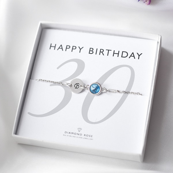 30th Birthday Bracelet, 30th Initial & Birthstone Bracelet, 30th Birthday Gift, Sterling Silver, Custom Letter Gift, 30, Thirty Idea For Her