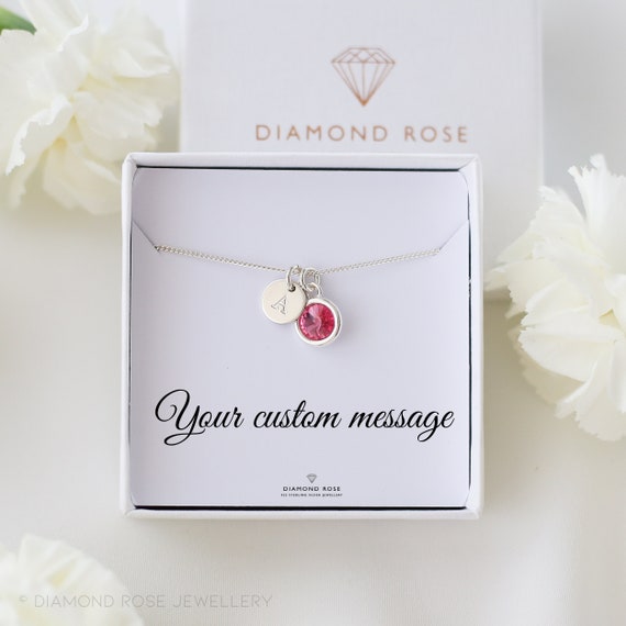 Personalized Necklace, Initial & Birthstone, Custom Card, 925 