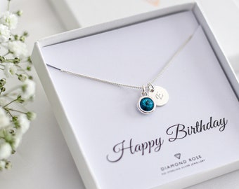 Birthday Necklace, Birthstone Jewelry, Gift For Women, Hand Stamped Initial Disc, Mother Birthday Gift Ideas, Mum Necklace, Sterling Silver