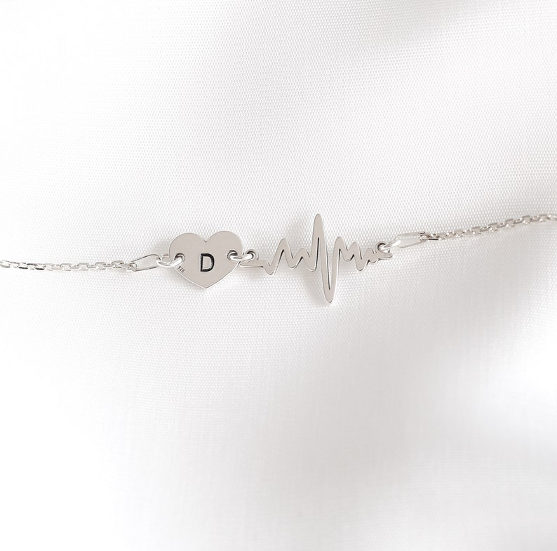 New Mum Bracelet Custom EKG Bracelet Nurse Gift Jewellery Personalised Heartbeat Initial Silver Heart Bracelet Heart Beat Bracelet