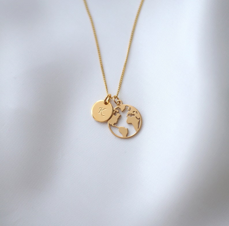 Custom Map Necklace, Travel Necklace, 24k Gold Plated, Hand Stamped Initial, Travel Jewelry, World Globe Gift, Adventure, Leaving Necklace image 1