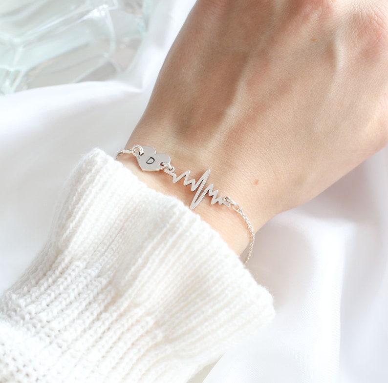 New Mum Bracelet Custom EKG Bracelet Nurse Gift Jewellery Personalised Heartbeat Initial Silver Heart Bracelet Heart Beat Bracelet