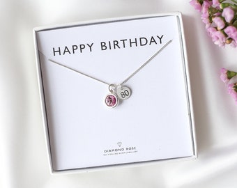 80th Birthday Gift, 80th Number & Birthstone Necklace, Personalised 80th Birthday Women Gift, Sterling Silver,80th Custom Gift Idea For Her