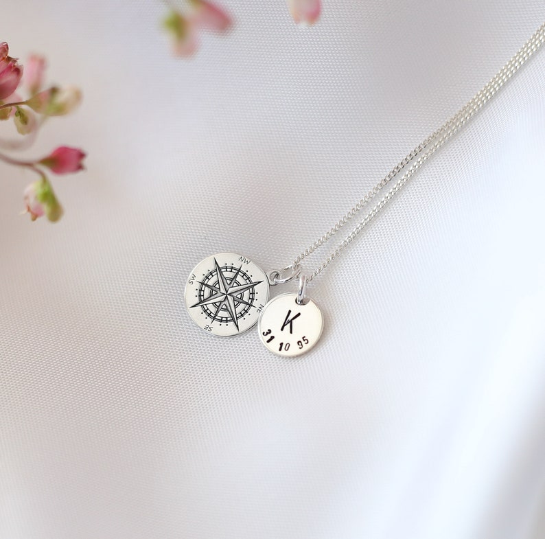 Initial & Date Compass Rose Necklace Graduation Gift, Silver Nautical Compass, Travel Gift For Her, Journey Gift,Rose Of The Winds,Polaris image 2