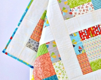 Closing Sale: Patchwork Quilt, Blue, Orange, Modern Baby Quilt, Handmade, Lap Blanket, Ready to Ship