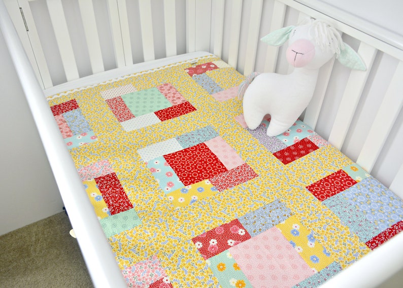Blue Patchwork Quilt Yellow Baby Quilt Floral Crib Bedding Etsy