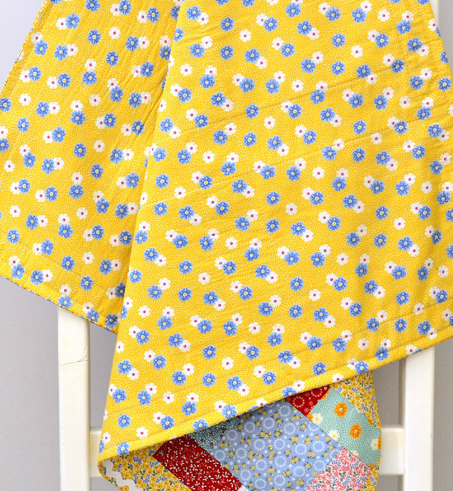 Blue Patchwork Quilt Yellow Baby Quilt Floral Crib Bedding Etsy