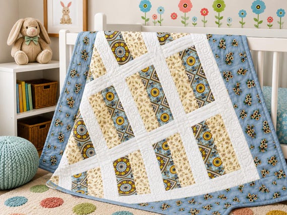Handmade Baby Quilt – 34x45 Blue Gray Floral Patchwork Machine Quilted