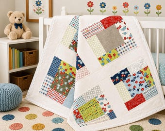 Vintage Style Baby Quilt, Red Blue Floral Crib Blanket, Cottage Patchwork Nursery Quilt, Handmade Baby Gift