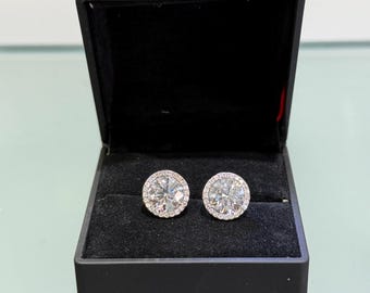 Diamond Halo Earrings, 8 CTW Round Studs, 14K Gold Lab Grown Earring Studs, 14K Solid Gold, Certified Real Lab Created Earrings, 4 CT Each