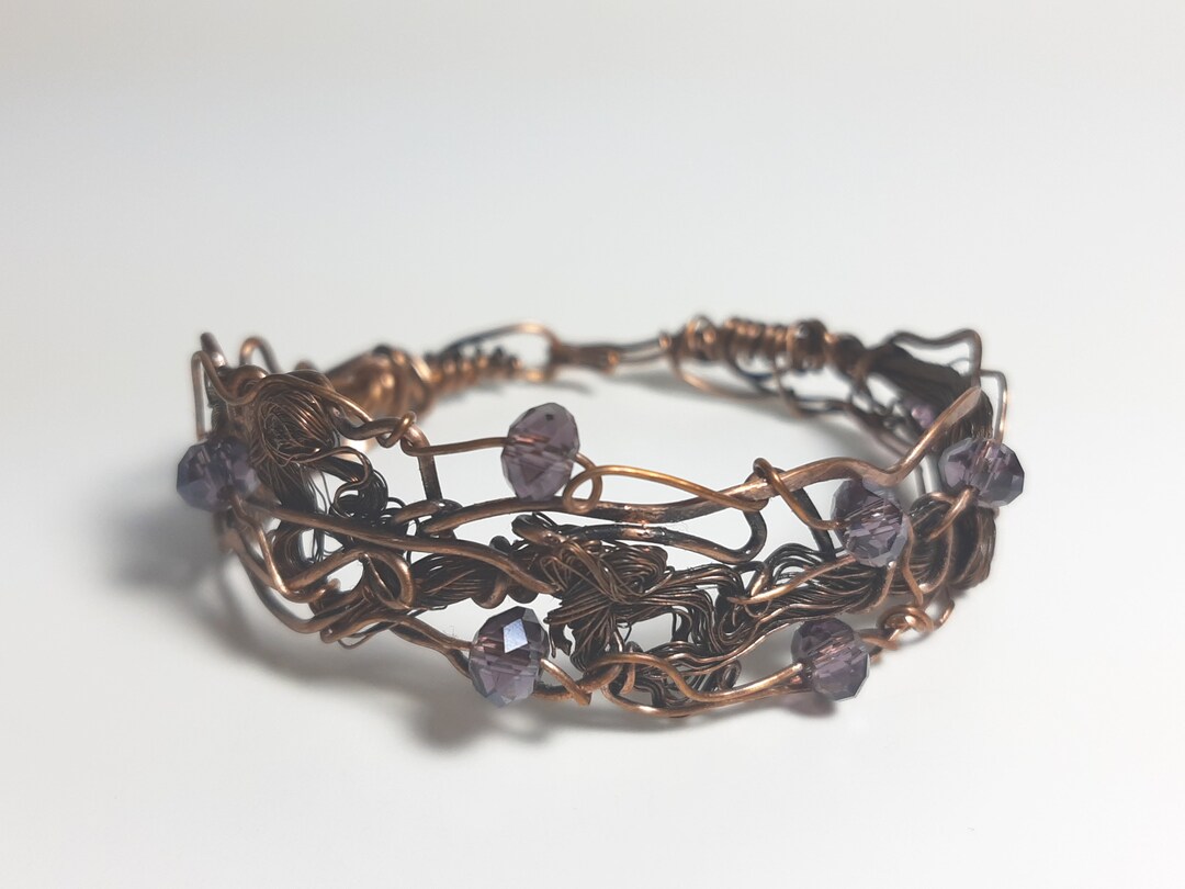 Dark Copper Wire Bangle With Crystals Etsy