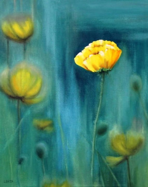 California Poppy Painting Canvas Artwork Yellow Poppy Hills Art Golden Poppy Textured Art by Pogodina