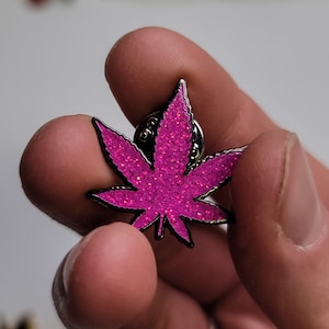 Sparkly Weed Pink or Black Weed Leaf Enamel Pin, VTG