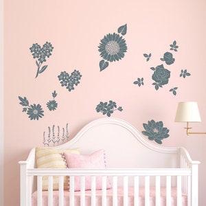 Stickers muraux jardin fleuri, stickers, rose, marguerite, tournesol, lys, nœuds de la carte myosotis, lavande, décoration de chambre d'enfant