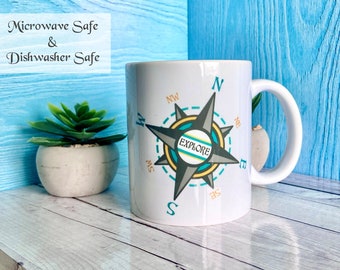 11oz, 15 oz, Adventure Awaits Ceramic Mug with Compass and Quote