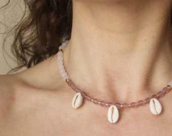 Rose quartz necklace with cowrie shells