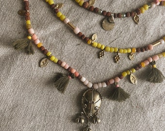 Recycled gold | multi-link necklace made of glass beads, shells, tassels and brass elements