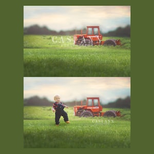 Tractor Field Digital Photography Backdrop Background - JPEG - Red Tractor - Farm Field - Cloudy Sky - Trees Spring - Summer