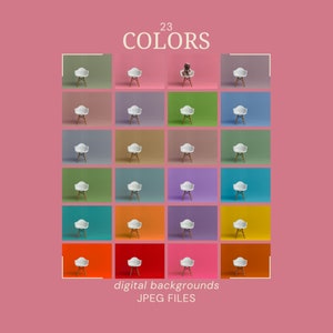 Puede incluir: 23 fondos digitales de diferentes colores con una silla blanca en el centro de cada uno. El texto "23 COLORS" está en la parte superior de la imagen y el texto "digital backgrounds JPEG FILES" está en la parte inferior de la imagen.