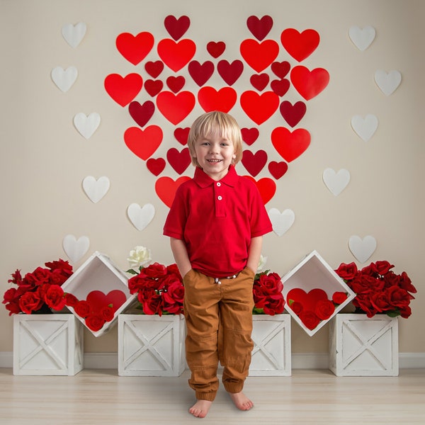 Fondo digital de corazones y rosas de San Valentín - fondo - Día de San Valentín - cajas - flores - rojo - blanco - corazón