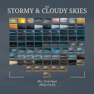 May include: A collection of 44 stormy and cloudy sky overlays, ideal for adding realistic skies to your digital art or photography. The images feature a variety of cloud formations, from fluffy cumulus clouds to dark storm clouds.