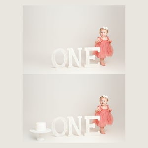 May include: A young girl in a pink tulle dress stands in front of the word "ONE" in white wooden letters. She is smiling and looking at the camera.