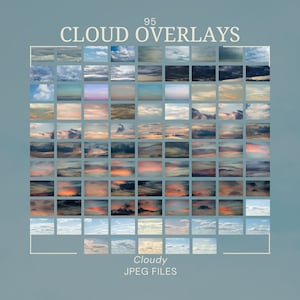 Puede incluir: Una cuadrícula de 95 superposiciones de nubes, cada una mostrando una escena de cielo nublado diferente. Las imágenes varían en color, algunas con cielos azules y nubes blancas, otras con vibrantes puestas de sol con tonos naranja y rosa. El texto dice "CLOUD OVERLAYS" y "Cloudy JPEG FILES."