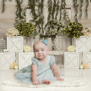 May include: A baby girl wearing a light blue dress and a blue headband sits on a white rug in front of a white wooden backdrop with greenery and white boxes. The backdrop has the text "Casiann Photography" at the bottom.