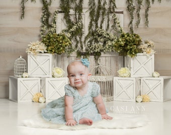 Spring Floral Barn Doors and Boxes - Digital - Backdrop - Background - Wood - Flowers - Vines - Bird Cages - Chair - Bathtub - Garland