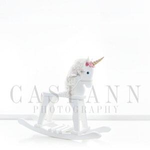 Puede incluir: Caballo de balancín blanco con una melena y cola esponjosas, un cuerno dorado y una corona de flores rosas. El caballo está sobre una base de balancín blanca. El texto "CASTANN PHOTOGRAPHY" es visible en el fondo.