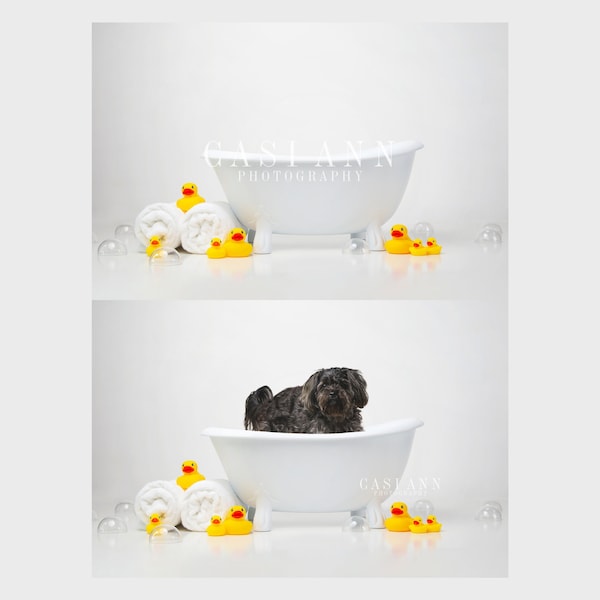 Classic Duck Bath Digital Photography Background Backdrop - Towels-Rubber Ducks-bubbles-bathtub-White-Yellow-Orange-Ducky-White Tub-Baby